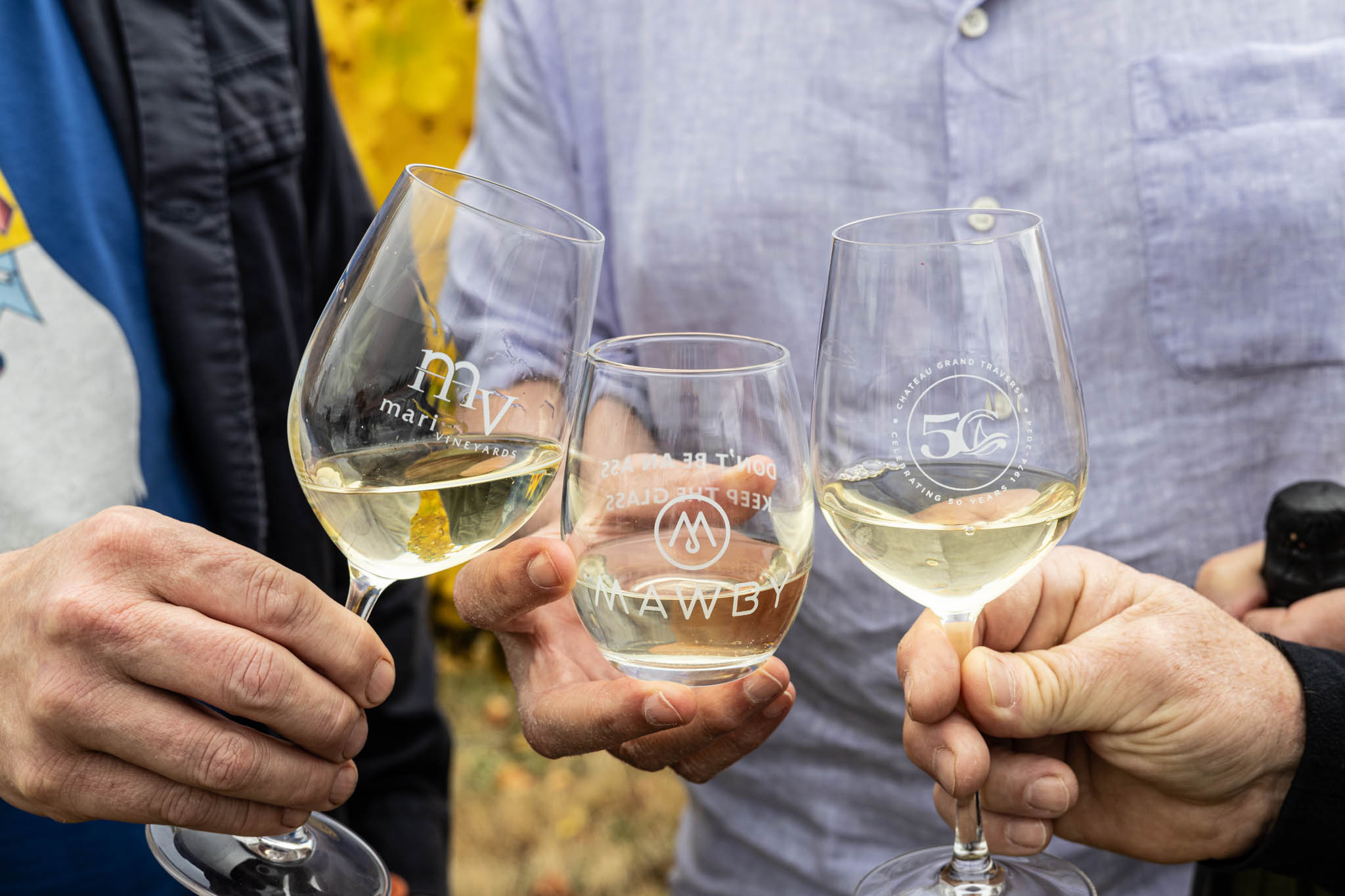 Wine glasses from Mari Vineyards, MAWBY, and Chateau Grand Traverse